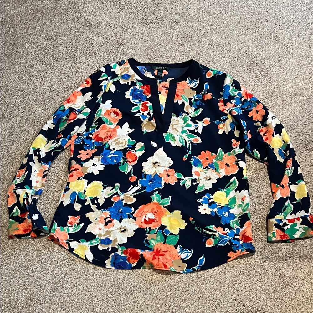 Ralph Lauren Navy Floral Split V-Neck Blouse
